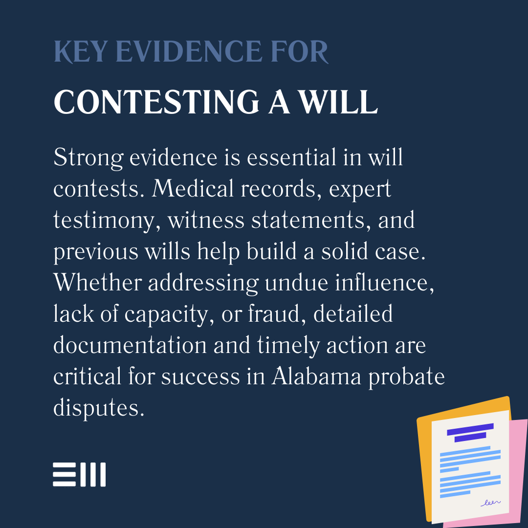 An infographic illustrating key evidence for contesting a will.