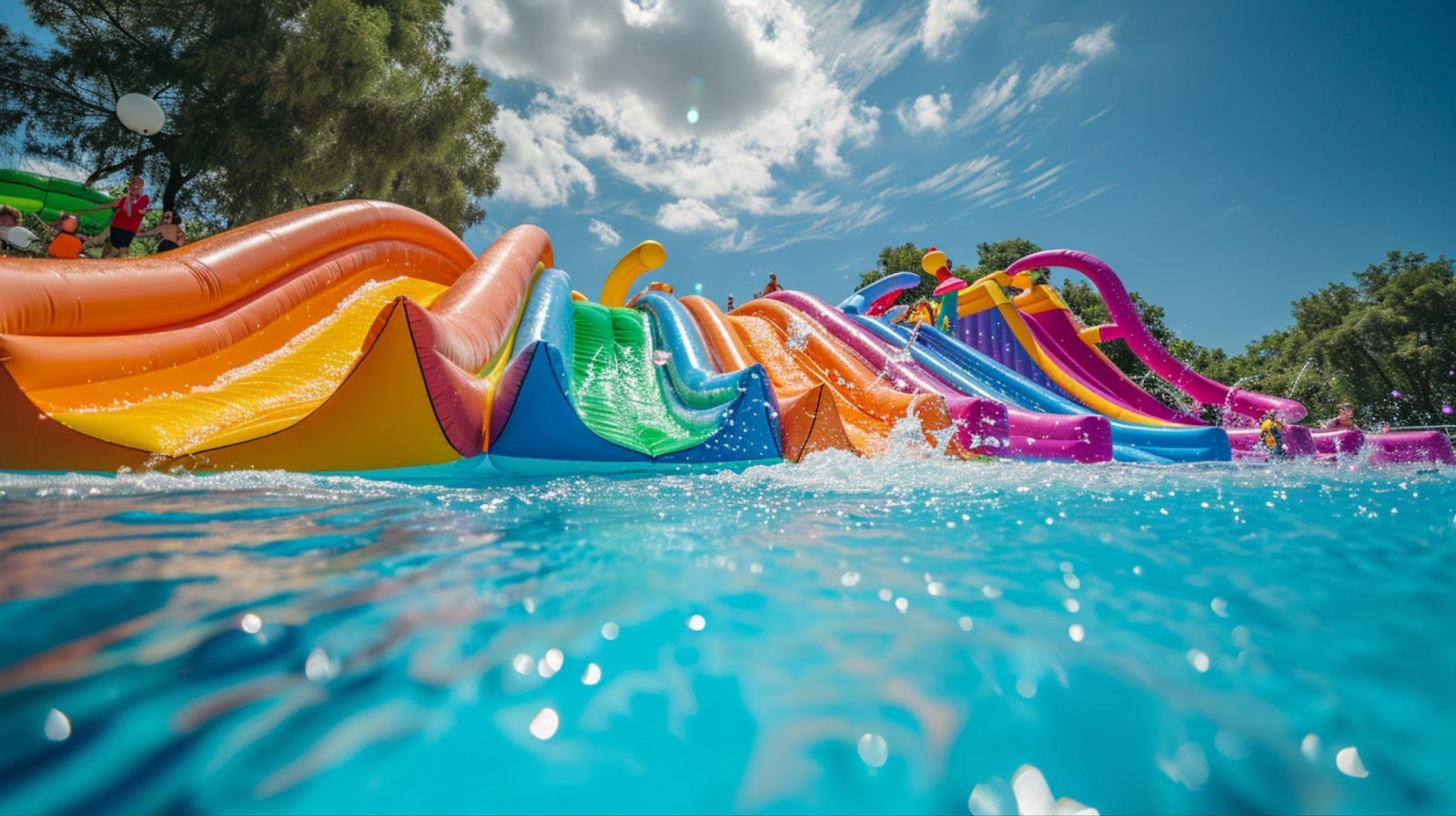 A vibrant water park with slides and pools, symbolizing recreation and summer fun. This image relates to water park safety, highlighting slide accidents, lifeguard negligence, and liability concerns in maintaining a secure environment for guests.