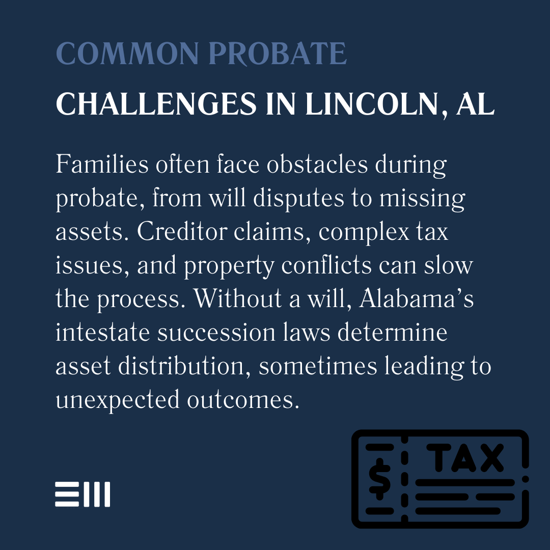 An infographic illustrating common probate challenges in Lincoln, AL.