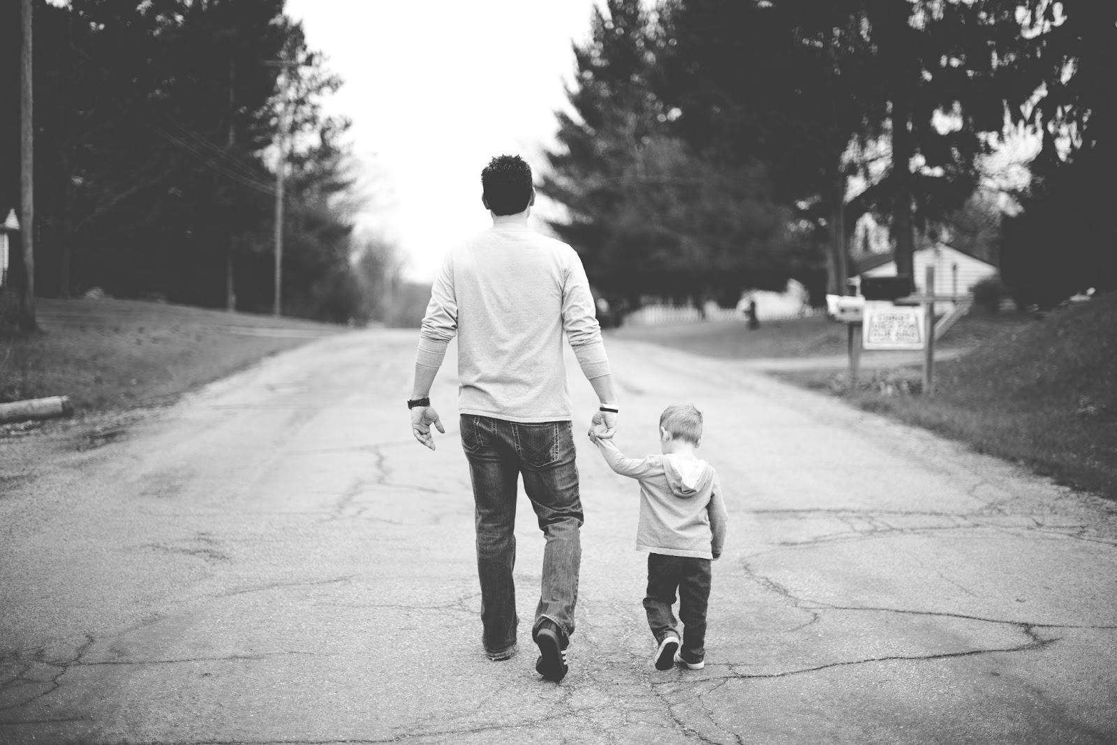 Father and young son walking hand in hand down a tree-lined country road, viewed from behind in black and white.