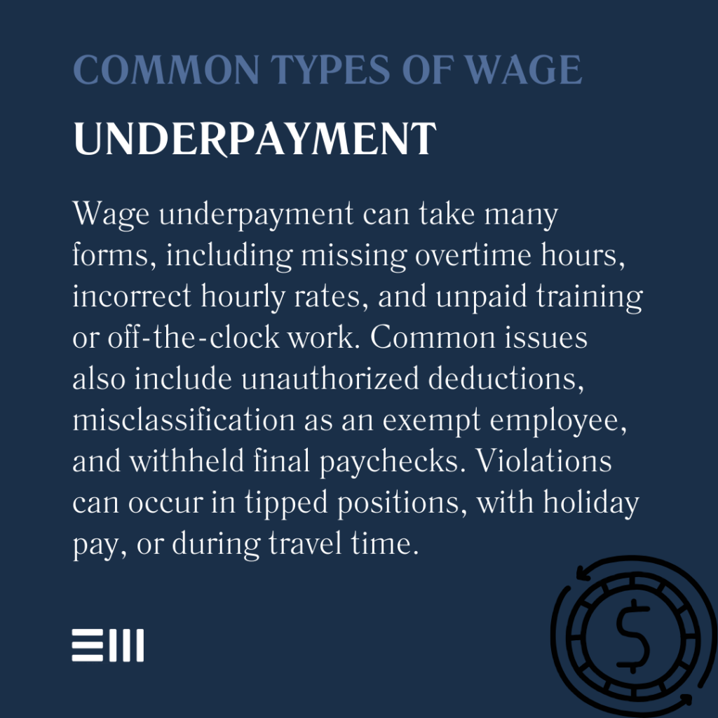 An infographic illustrating the common types of wage underpayment in Alabama, including missing overtime hours, incorrect hourly rates, and unpaid training.