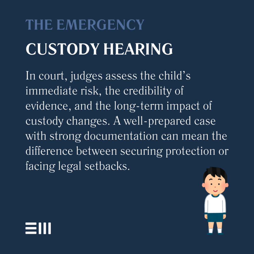 An infographic illustrating how the emergency child custody hearing works in Alabama.