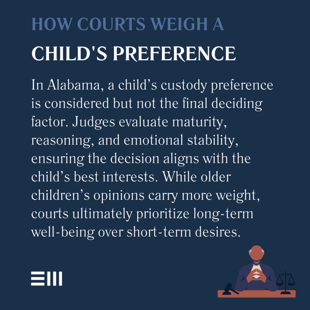 An infographic illustrating how Alabama courts weigh a child's custody preferences.