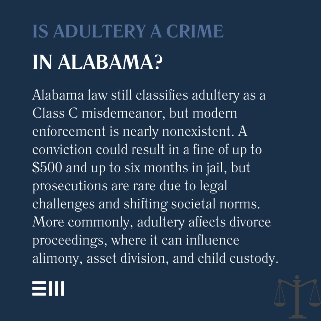 An infographic illustrating whether adultery is a crime in Alabama or not. It's classified as a Class C misdemeanor. 