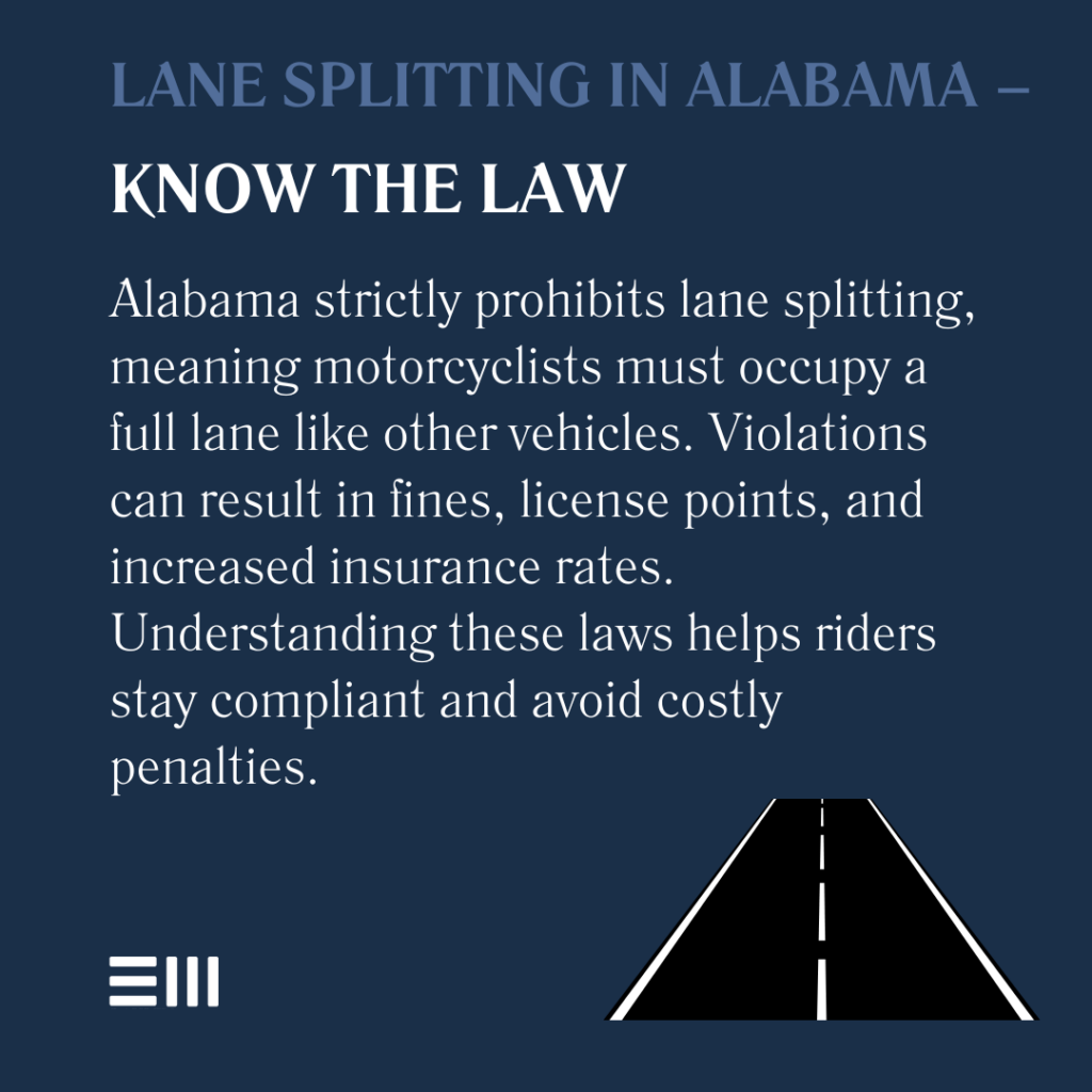 An infographic illustrating Alabama law regarding lane splitting and how it's strictly prohibited. 