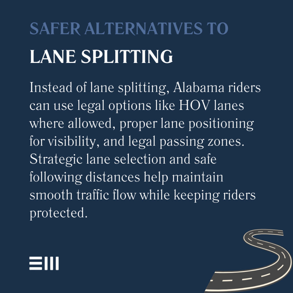 An infographic illustrating safe alternatives to lane splitting in Alabama.