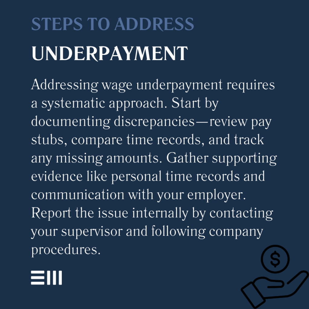 An infographic illustrating the steps you can take to address wage underpayment at work in Alabama.