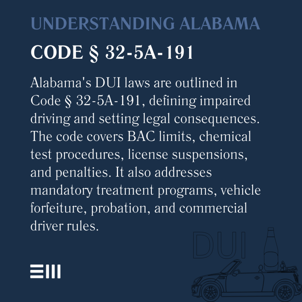 An infographic illustrating Alabama's DUI laws as outlined in Code 32-5A-191, defining impaired driving and setting legal consequences.