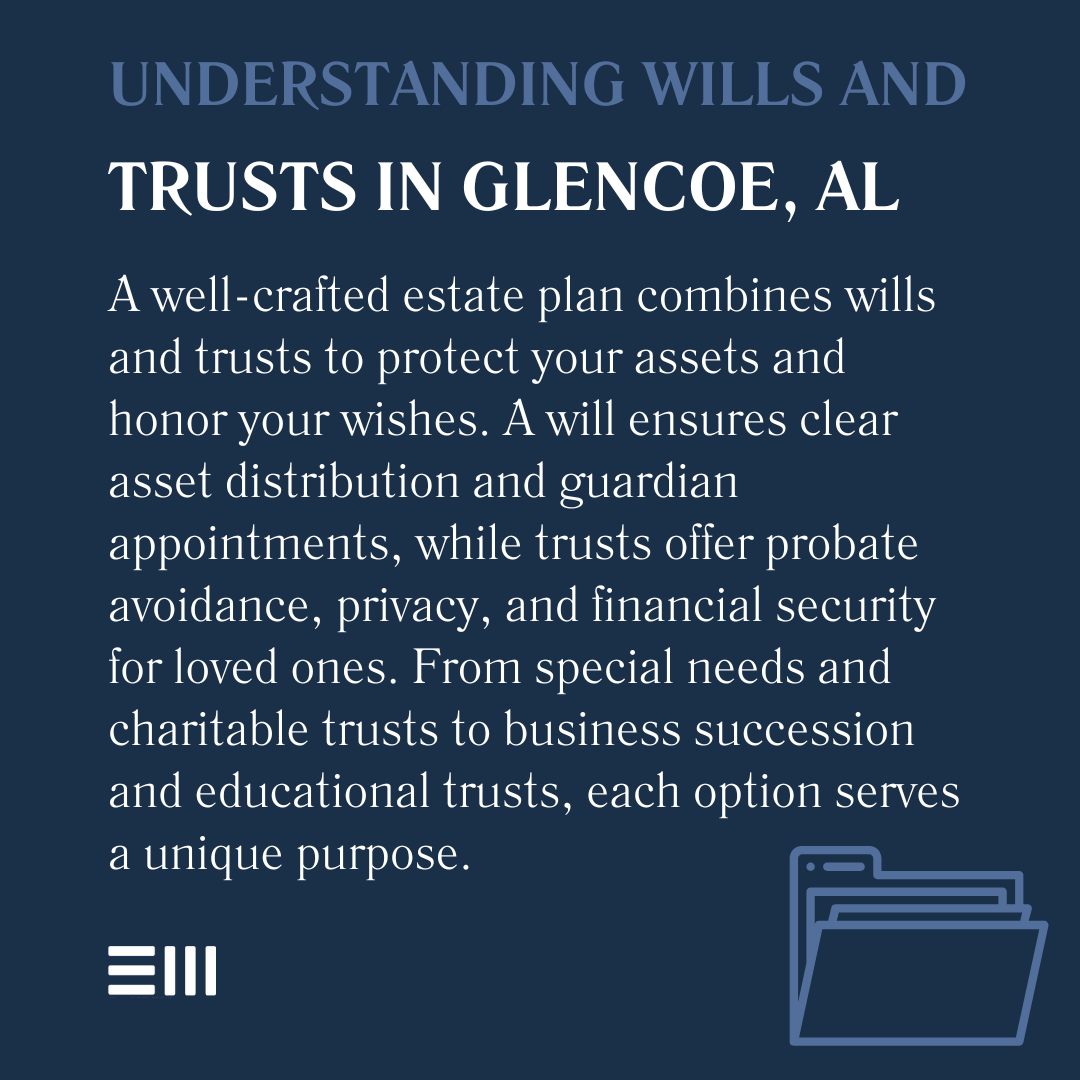 An infographic illustrating understanding wills and trusts in Glencoe, AL.