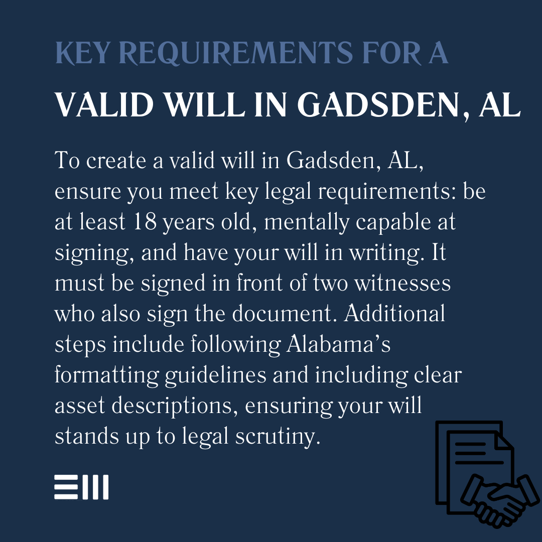 An infographic illustrating key requirements for a valid will in Gadsden, AL.