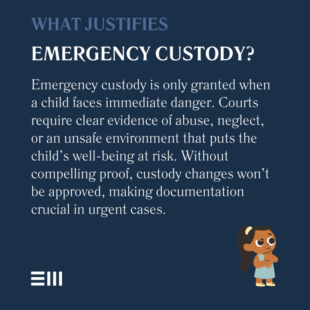 An infographic illustrating what justifies emergency child custody in Alabama.