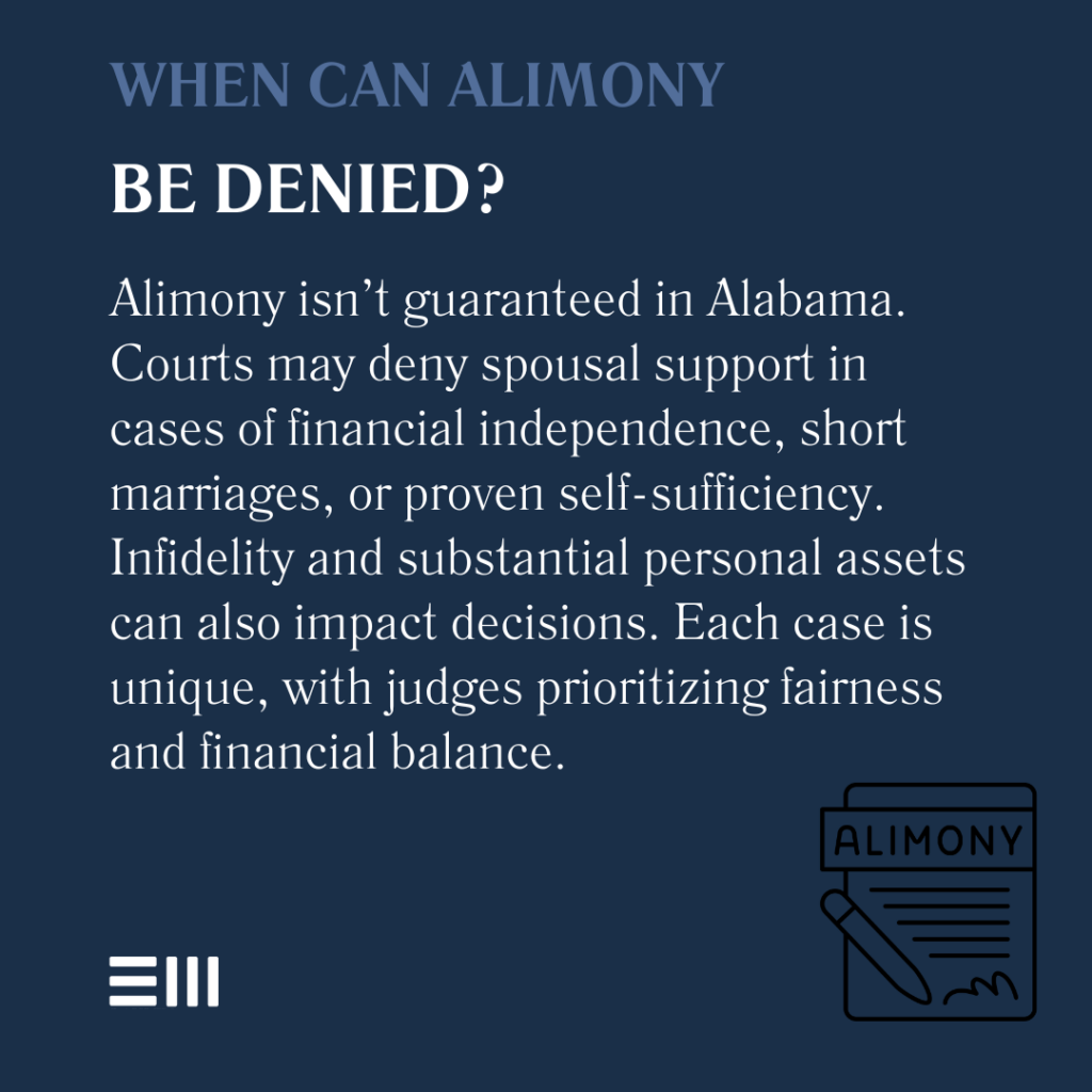 An infographic illustrating when alimony can be denied in Alabama.