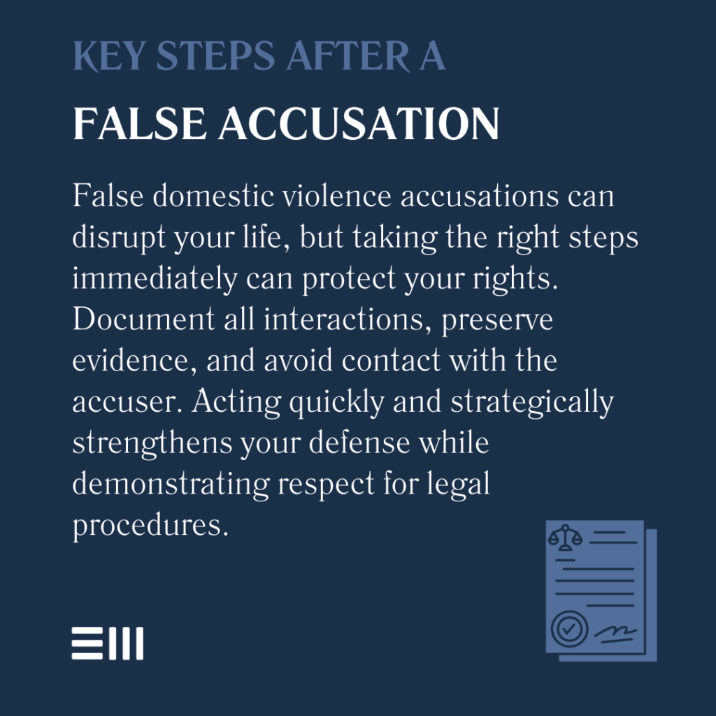 An infographic illustrating the key steps to take after a false accusation of domestic violence in Alabama.