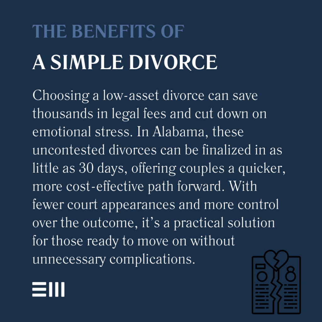 An infographic illustrating the benefits of a simple divorce in Alabama.