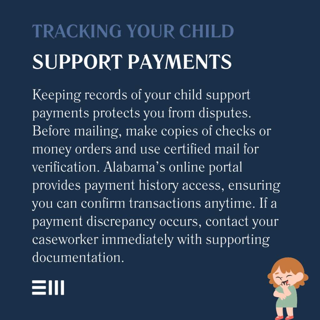 An infographic illustrating how you can track your child support payments in Alabama.