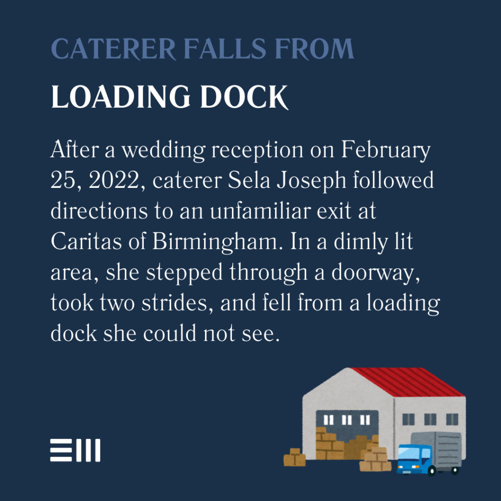 An infographic illustrating caterer Sela Joseph's fall from a dimly lit loading dock at Caritas of Birmingham after a wedding reception.