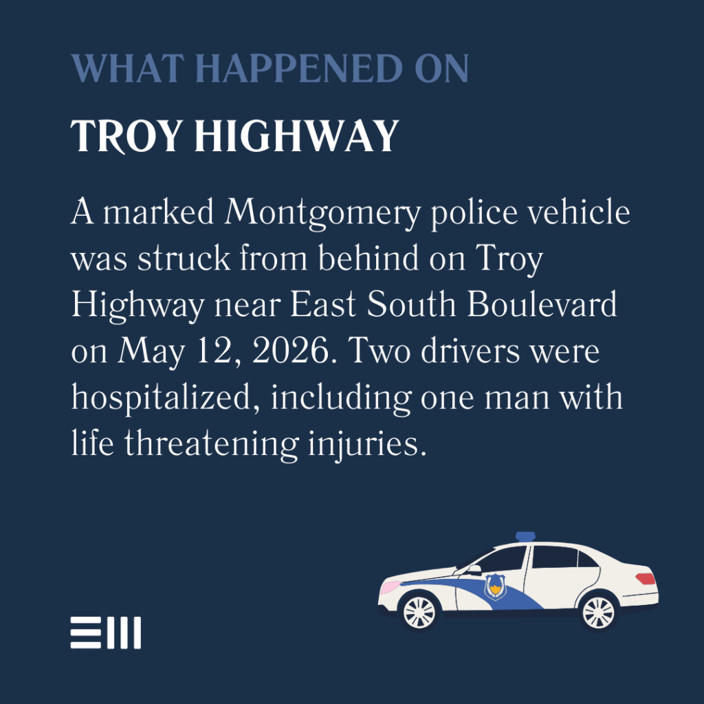 An infographic illustrating the May 12, 2026 rear-end crash involving a Montgomery police vehicle on Troy Highway near East South Boulevard.