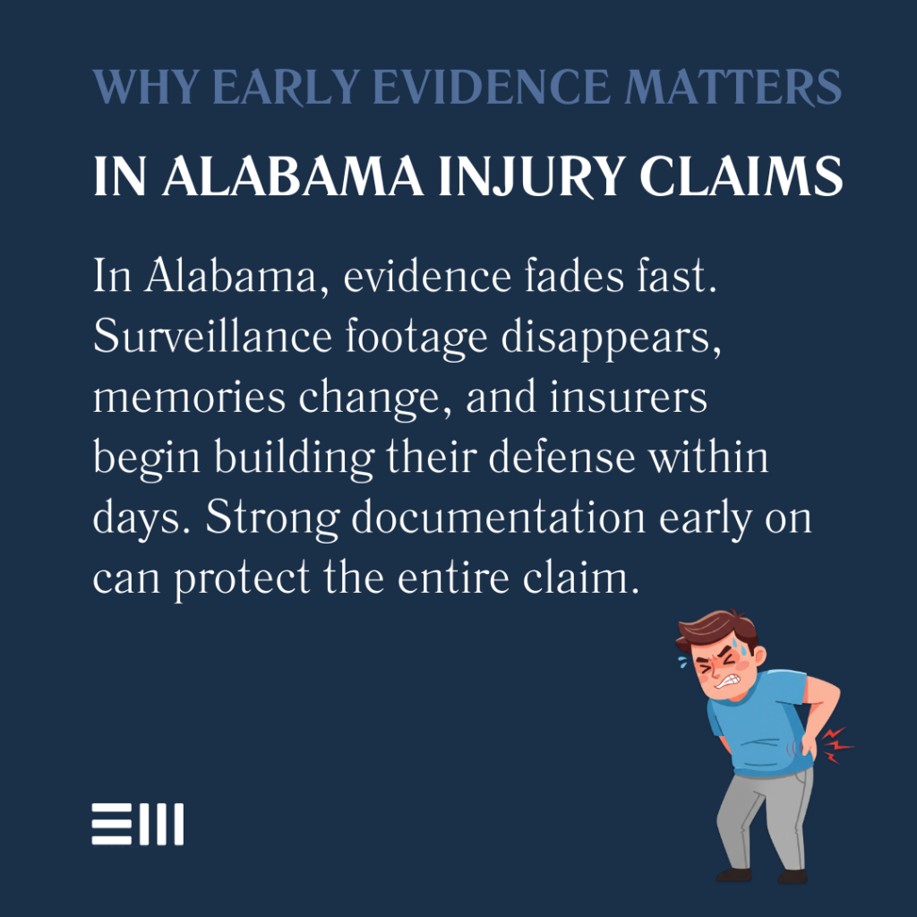 An infographic illustrating how early evidence preservation, medical documentation, and witness accounts can strengthen an Alabama personal injury claim before filing.