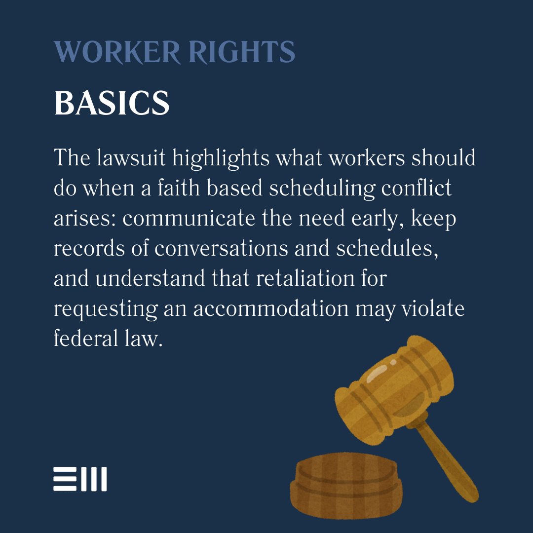 An infographic illustrating employee rights in a religious discrimination case, including accommodation requests, documentation, and protection from retaliation.