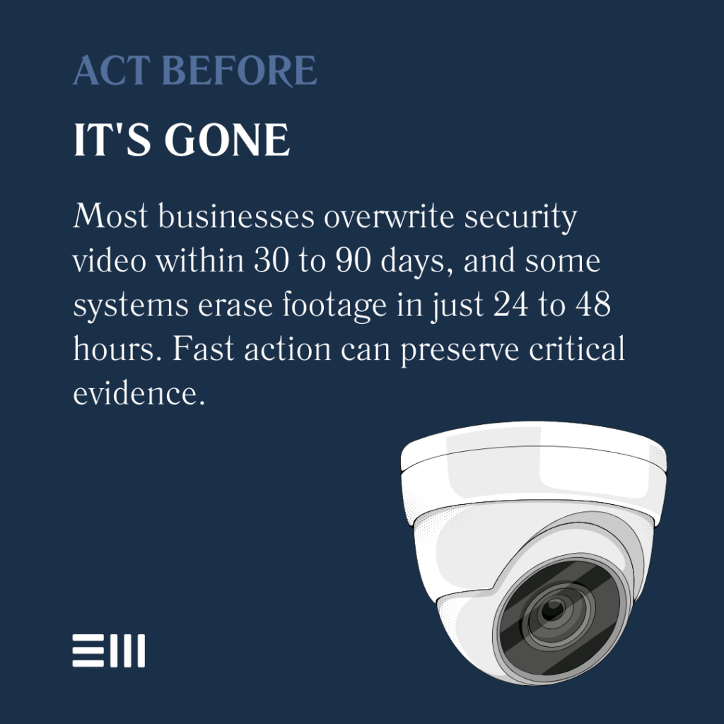 An infographic illustrating how quickly surveillance footage can be overwritten and why prompt action is important after an accident in Alabama.