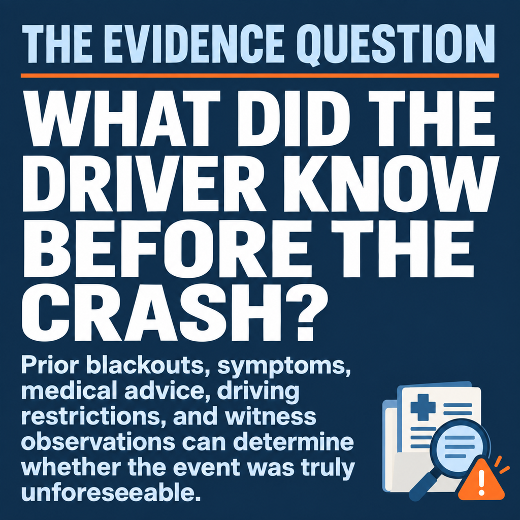 A navy infographic listing the evidence that can show whether an Alabama driver had warning of a blackout risk before a crash.