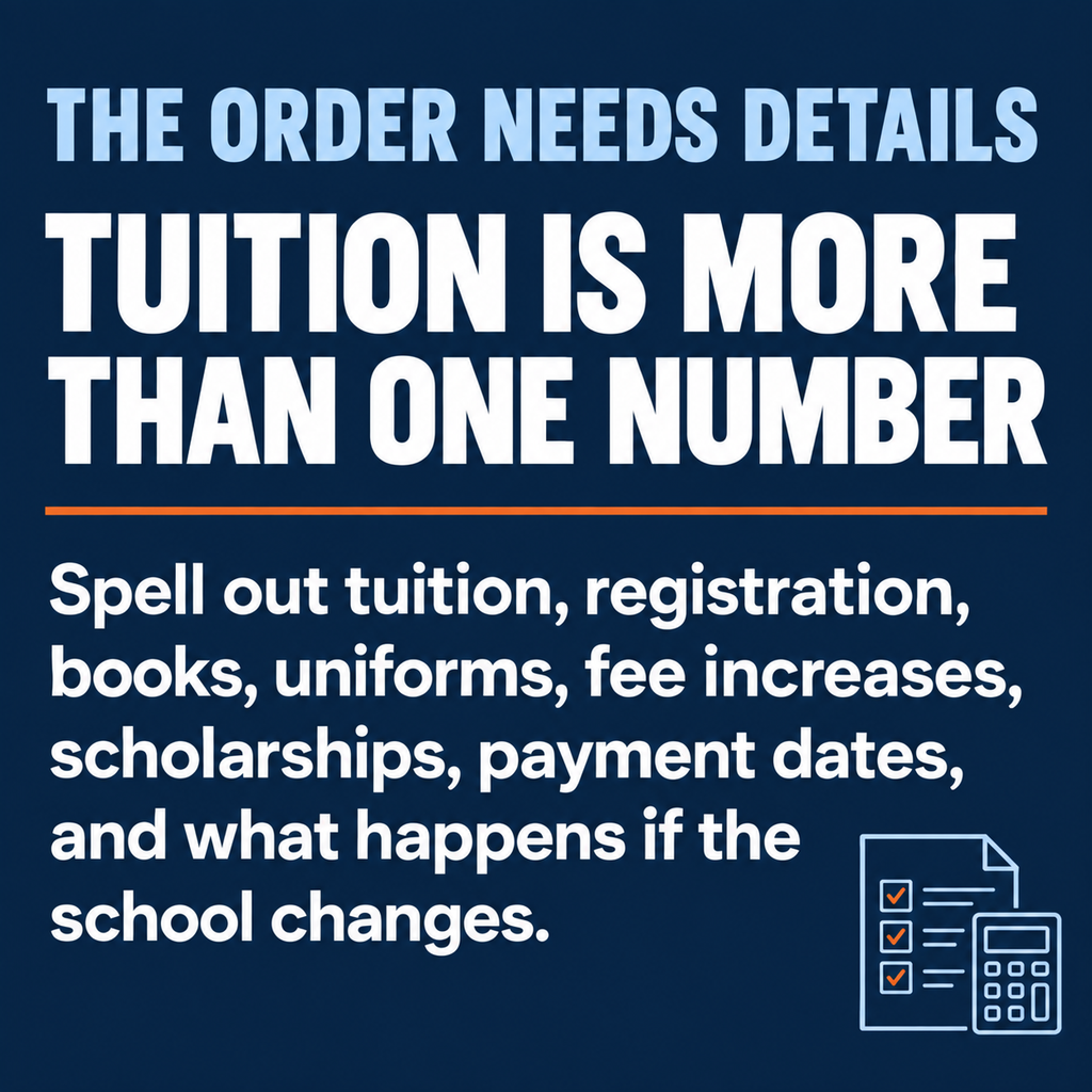 A navy infographic listing the private-school costs and payment terms an Alabama divorce order should address.
