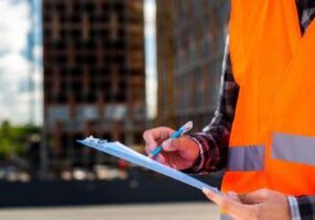 A close-up of a person holding a clipboard and pen, taking notes on OSHA regulations at a construction site.