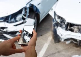 Close-up of a hand holding a smartphone, photographing damage to a car's rear bumper after a collision.