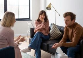 A couple sitting with a mediator at a table, engaged in discussion, symbolizing conflict resolution. This image relates to the role of mediation in Alabama child custody disputes, focusing on facilitating communication and finding mutually agreeable solutions.