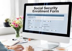 Computer screen displaying a Social Security Enrollment Form. The form includes fields for basic information such as name, birth date, gender, address, and contact details, as well as marital status, occupation, and Social Security number.