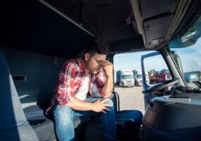 A truck driver sits inside the cabin, looking exhausted and stressed, possibly due to fatigue from long hours on the road.