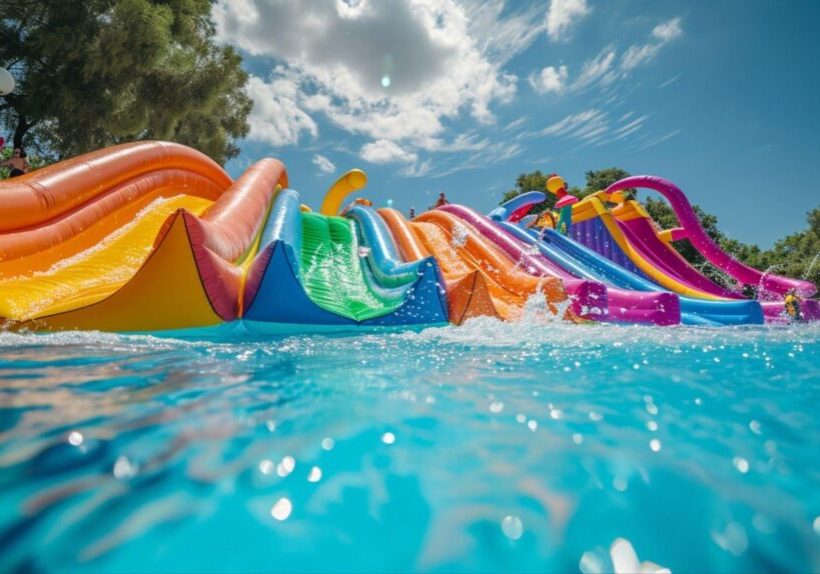 A vibrant water park with slides and pools, symbolizing recreation and summer fun. This image relates to water park safety, highlighting slide accidents, lifeguard negligence, and liability concerns in maintaining a secure environment for guests.