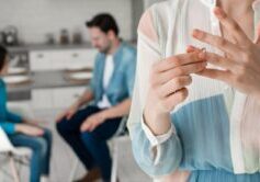 A woman removing her wedding ring in the foreground, with a blurred family scene in the background, symbolizing the complexities of separation and emphasizing the importance of hiring a lawyer for a high-asset divorce in Alabama.